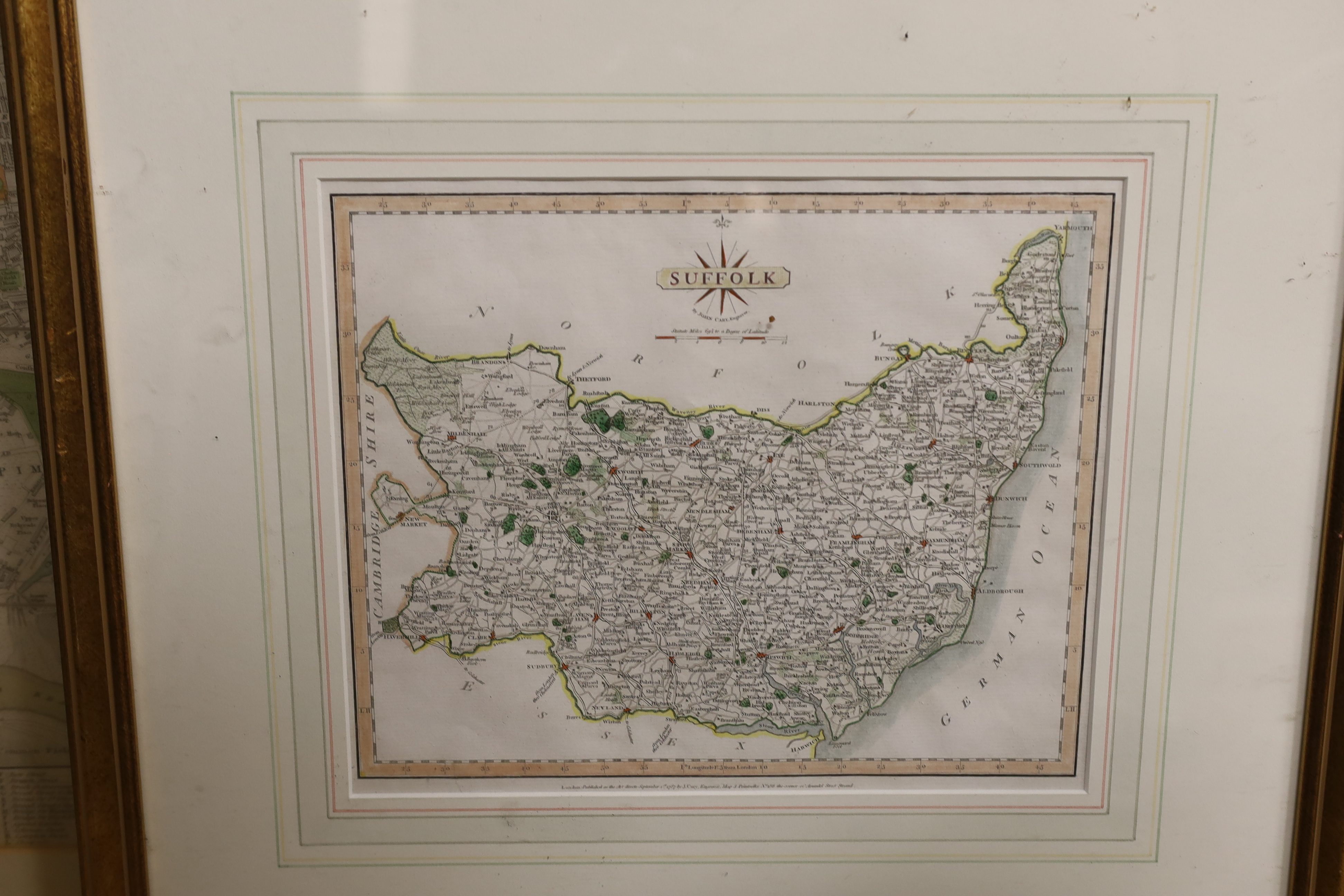 William Darton (1755-1819), folding hand coloured map, New and Correct Plan of London and Westminster with the Latest Improvements, publ. 1814, William Darton, framed, together with John Cary, hand coloured engraved map